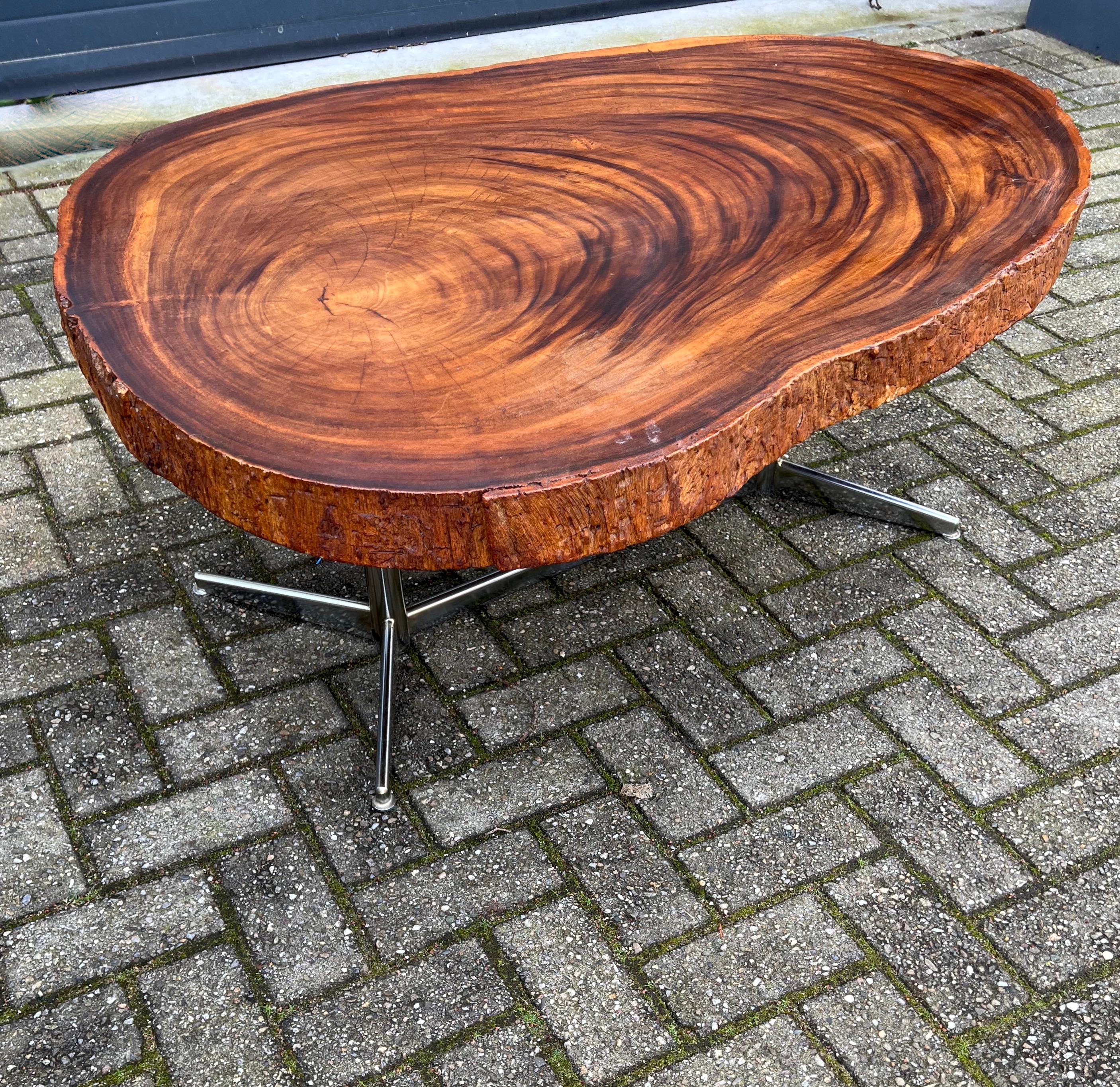 Organic Modern Midcentury, 1970s Organically Stylish Walnut Wooden Tree Slab Top Coffee Table For Sale