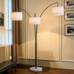 Midcentury 1970s Trilage Arc Floor Lamp – 3 Paper Drum Shades + Marble Base