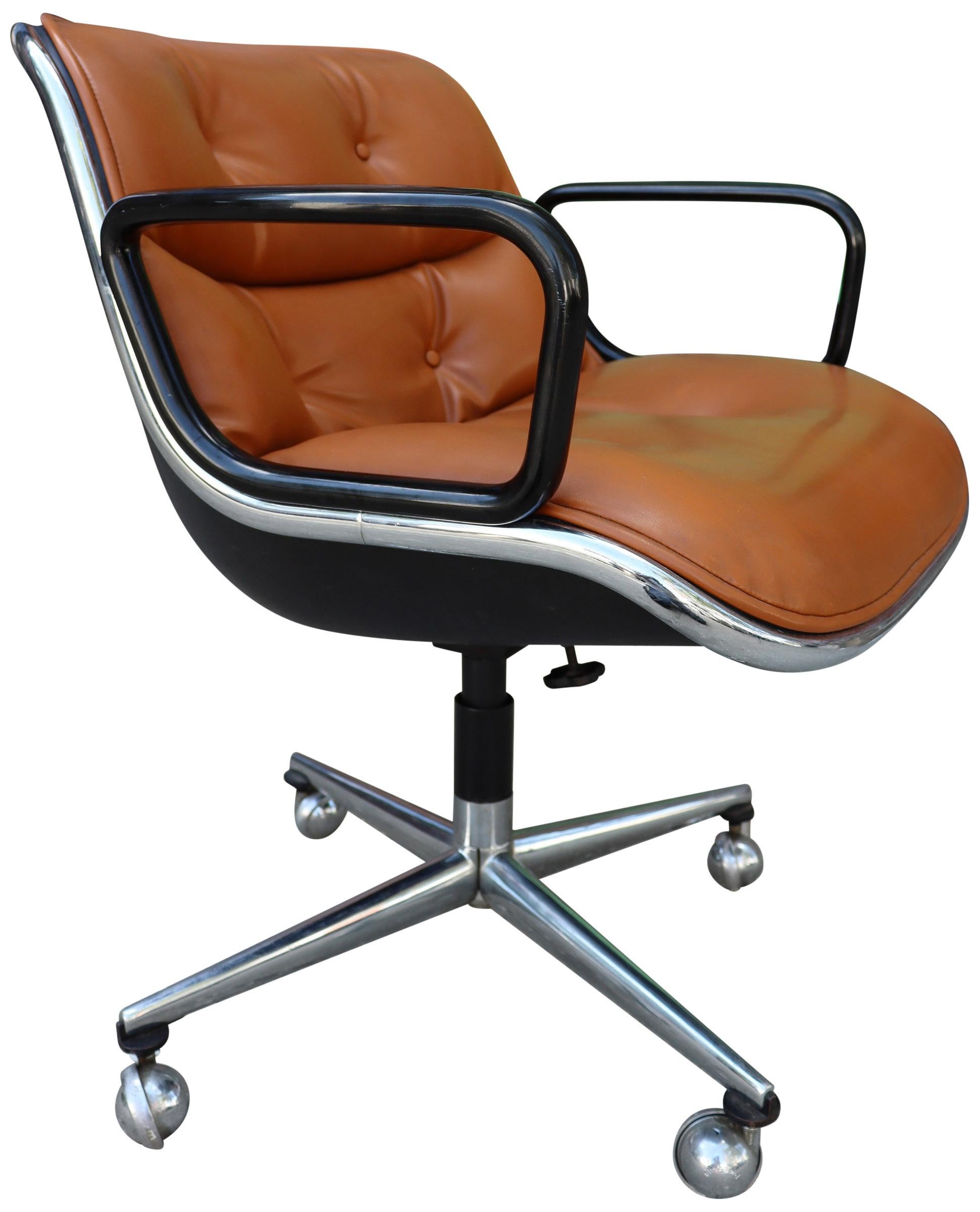 For your consideration are these early Charles Pollock for Knoll executive office chairs on casters.

This is a very early production example with the rounded and full aluminum legs on a 4 star base. This chair is slightly wider than the later
