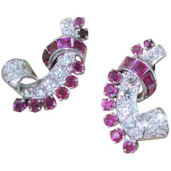 Midcentury 2.00 Carat Ruby and 1.25 Carat Diamond Ear Cuff Earrings