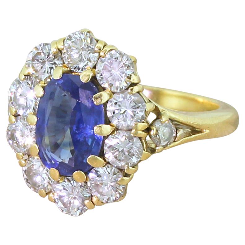 Midcentury 2.18 Carat Sapphire and 1.94 Carat Diamond Cluster Ring For Sale