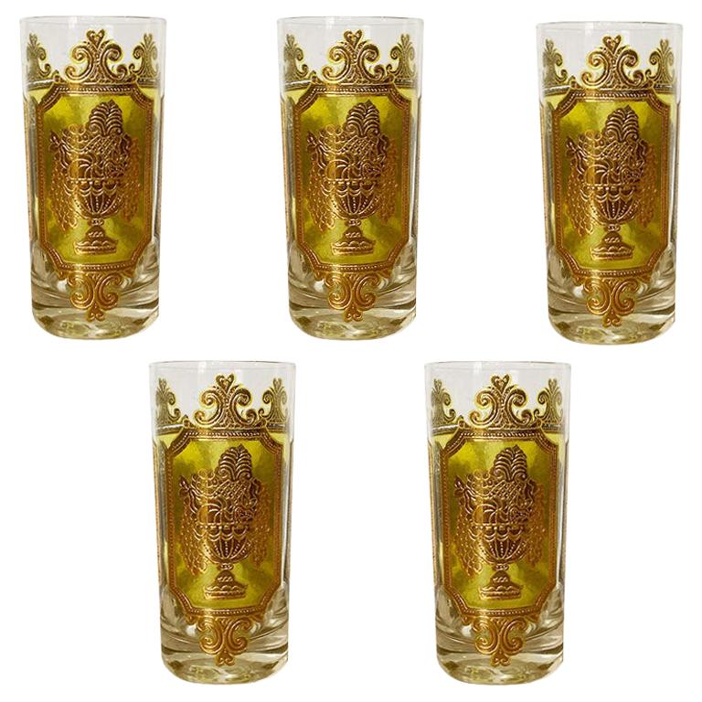 Midcentury 22-Karat Gold and Green Tall Cocktail Glassware by Culver, Set of 5