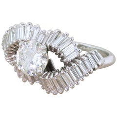 Vintage Midcentury 2.21 Carat Round and Baguette Cut Diamond Cluster Ring