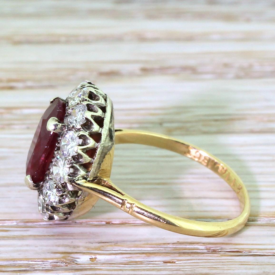 Oval Cut Midcentury 2.30 Carat Natural Ruby and Diamond 18 Karat Gold Cluster Ring