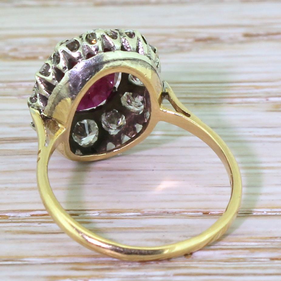 Midcentury 2.30 Carat Natural Ruby and Diamond 18 Karat Gold Cluster Ring In Good Condition In Essex, GB