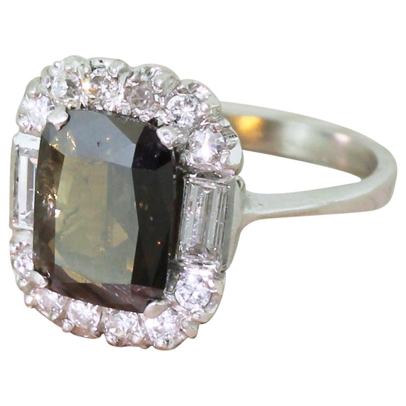 Midcentury 2.43 Carat Fancy Yellowish Brown Diamond Platinum Cluster Ring For Sale