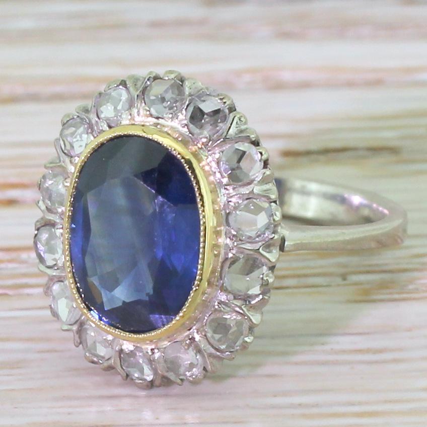 Midcentury 2.55 Carat Sapphire and Rose Cut Diamond Cluster Ring For Sale 3