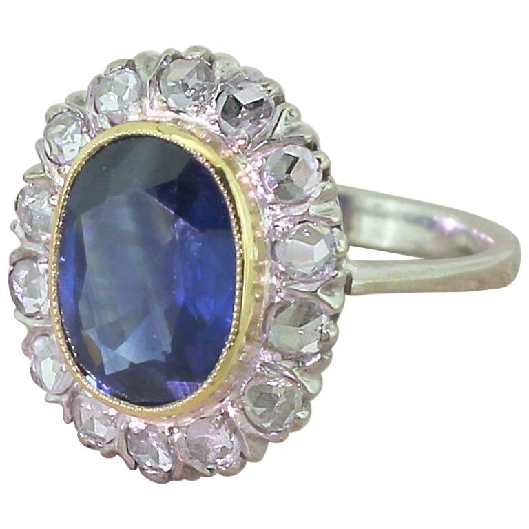 Midcentury 2.55 Carat Sapphire and Rose Cut Diamond Cluster Ring For Sale