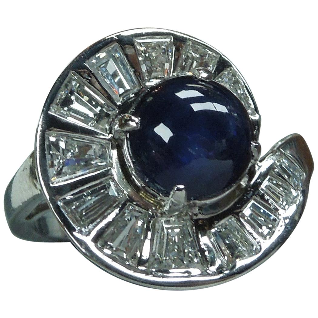 Midcentury 2.57 Carat Sapphire Piano Key Cocktail Ring For Sale
