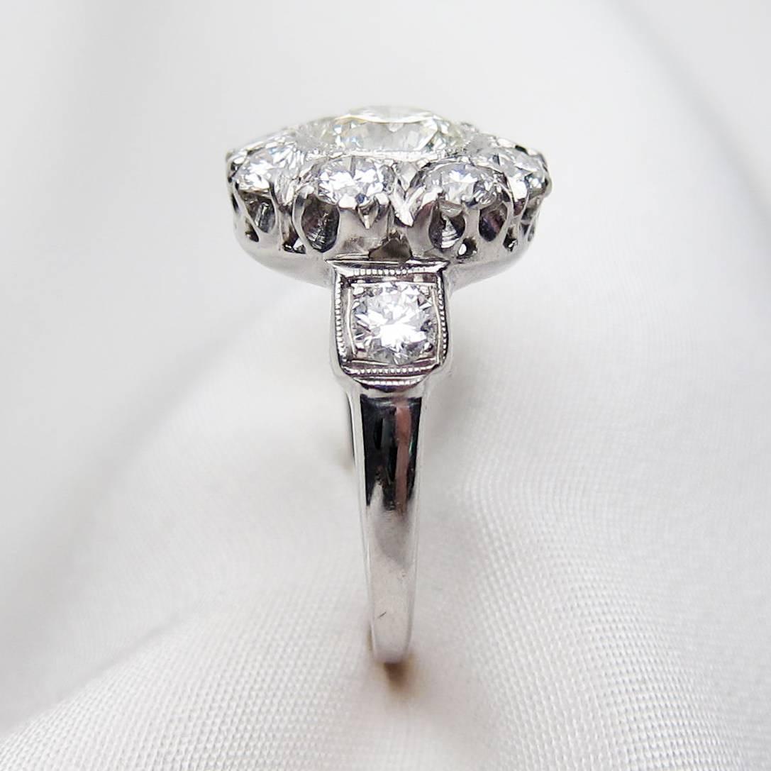 Midcentury 2.64 Carat Brilliant-Cut Diamond and Platinum Cluster Engagement Ring In Excellent Condition For Sale In Seattle, WA