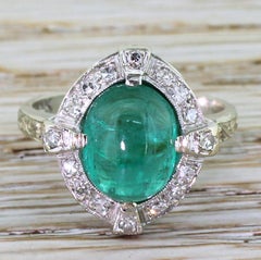 Midcentury 2.70 Carat Cabochon Emerald and Diamond Cluster Ring