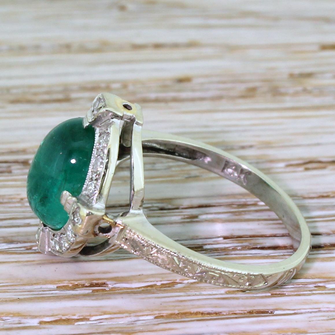 Midcentury 2.70 Carat Cabochon Emerald and Diamond Cluster Ring In Good Condition For Sale In Essex, GB