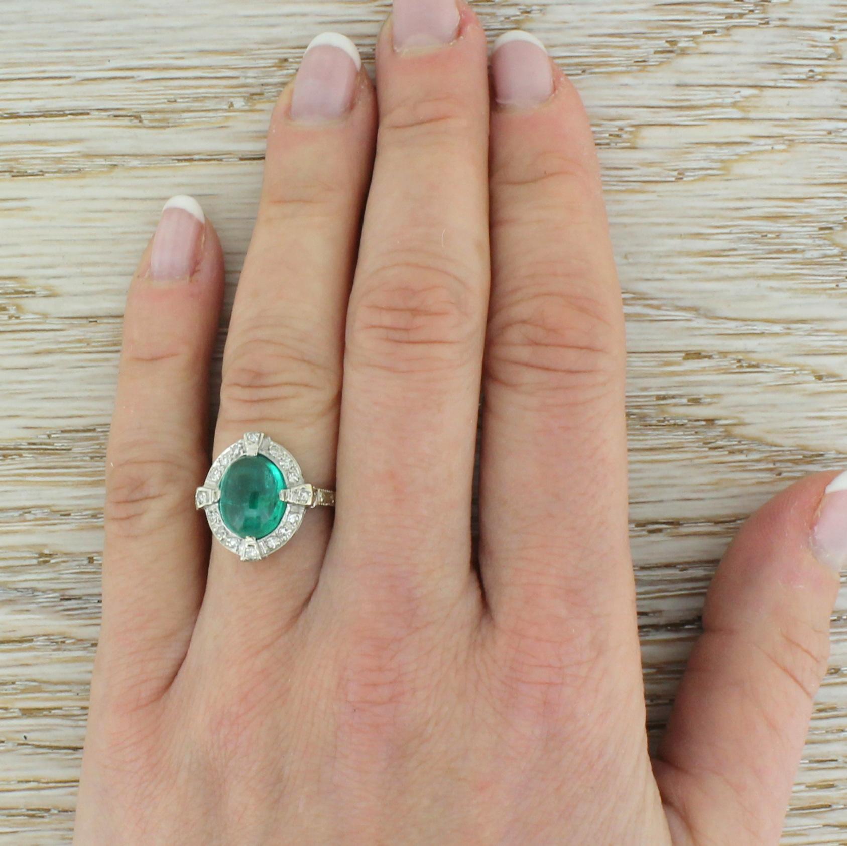 Midcentury 2.70 Carat Cabochon Emerald and Diamond Cluster Ring For Sale 1