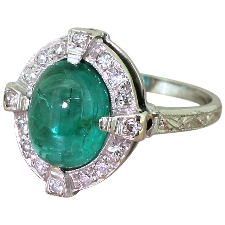 Midcentury 2.70 Carat Cabochon Emerald and Diamond Cluster Ring For Sale