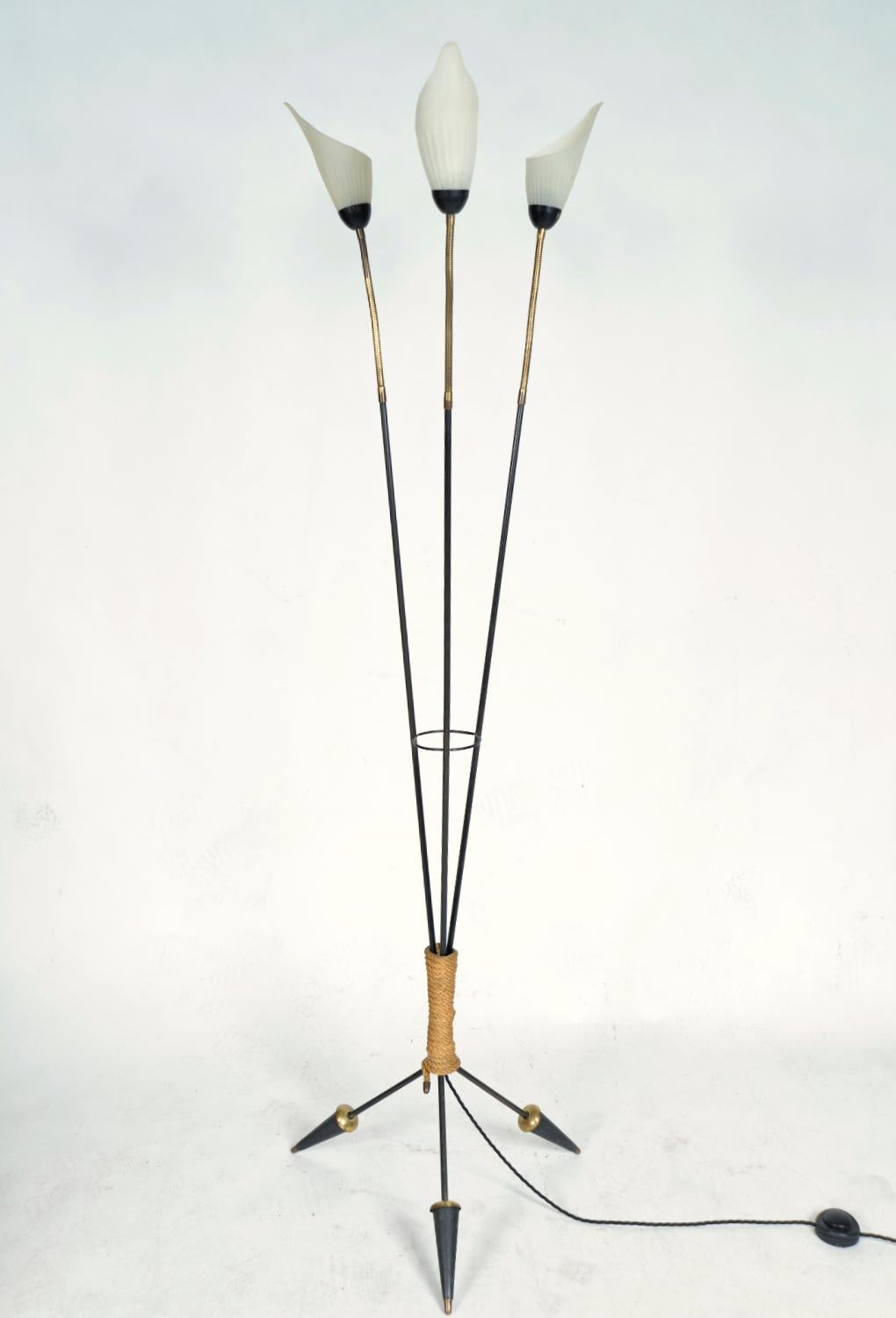 20th Century Midcentury 3-Arm Swan-Neck French Tripod Standard Floor Lamp Brass Glass Steel For Sale