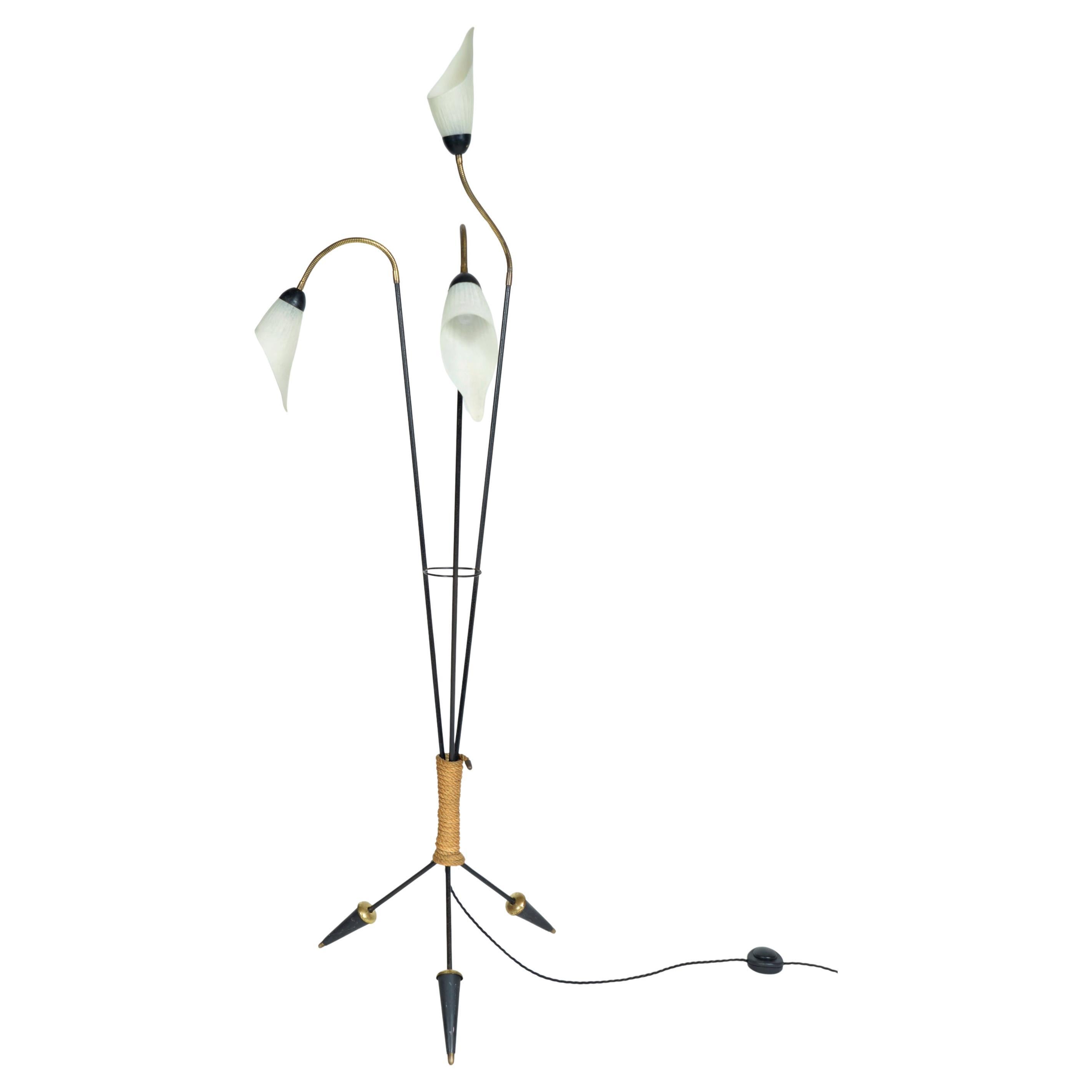 Midcentury 3-Arm Swan-Neck French Tripod Standard Floor Lamp Brass Glass Steel For Sale