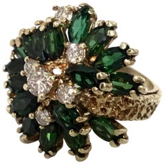  1970s Brutalist 3.65 Carat Green Tourmaline Diamond Yellow Gold Cocktail Ring