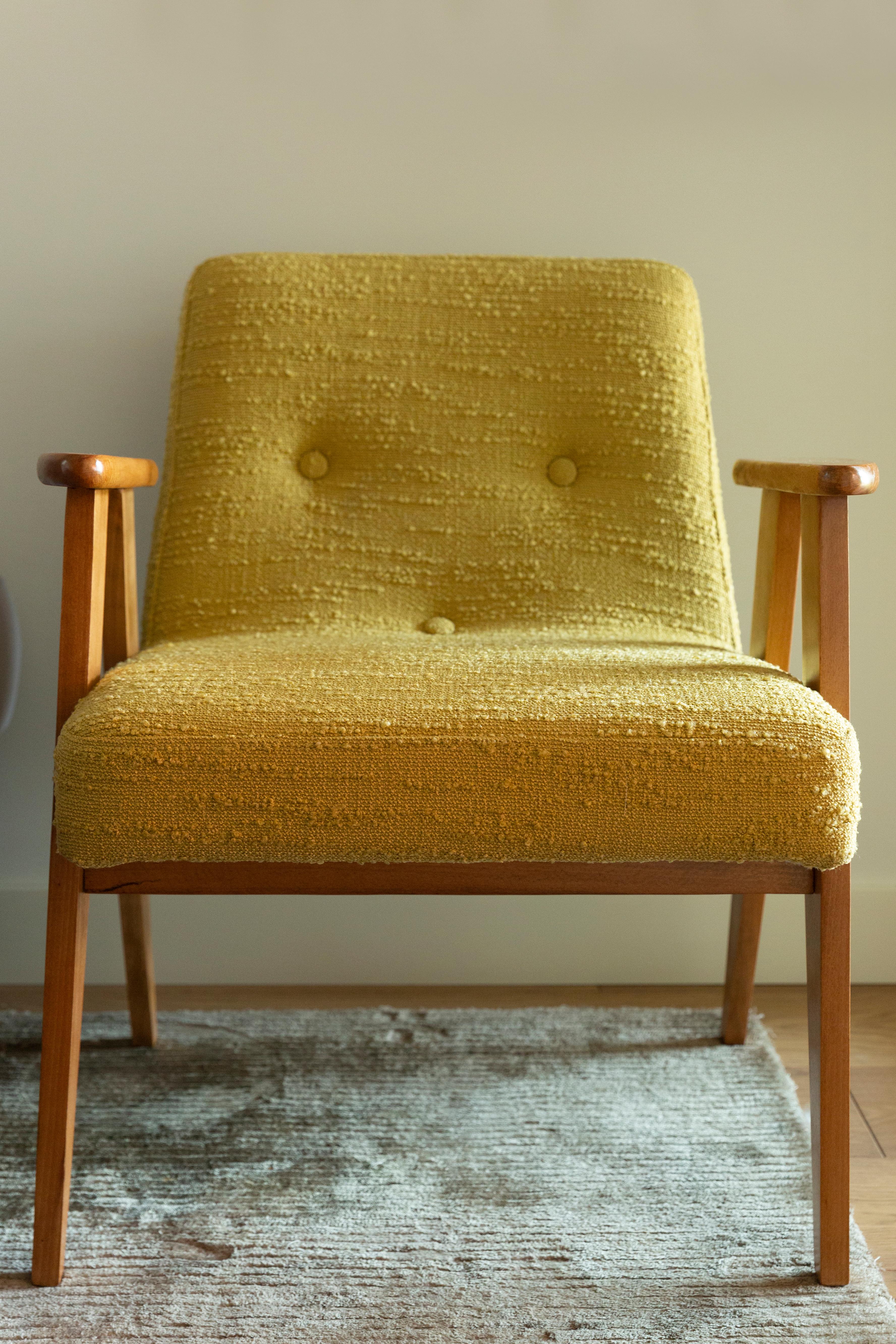 Hand-Crafted Midcentury 366 Club Armchair in Yellow Boucle, Jozef Chierowski, Europe, 1960s For Sale