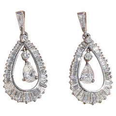 Midcentury 3.75 Carat Baguette Pear Diamond Pendant Dangle Earrings