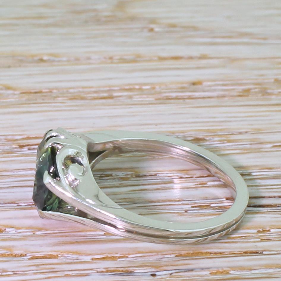 Emerald Cut Midcentury 3.85 Carat Greenish Blue Sapphire 18 Karat Gold Solitaire Ring