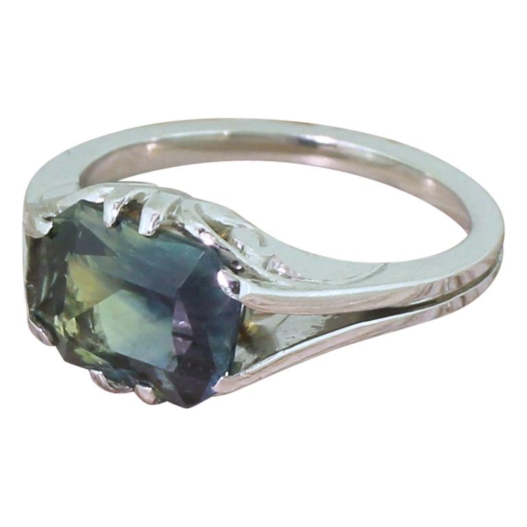 Midcentury 3.85 Carat Greenish Blue Sapphire 18 Karat Gold Solitaire Ring