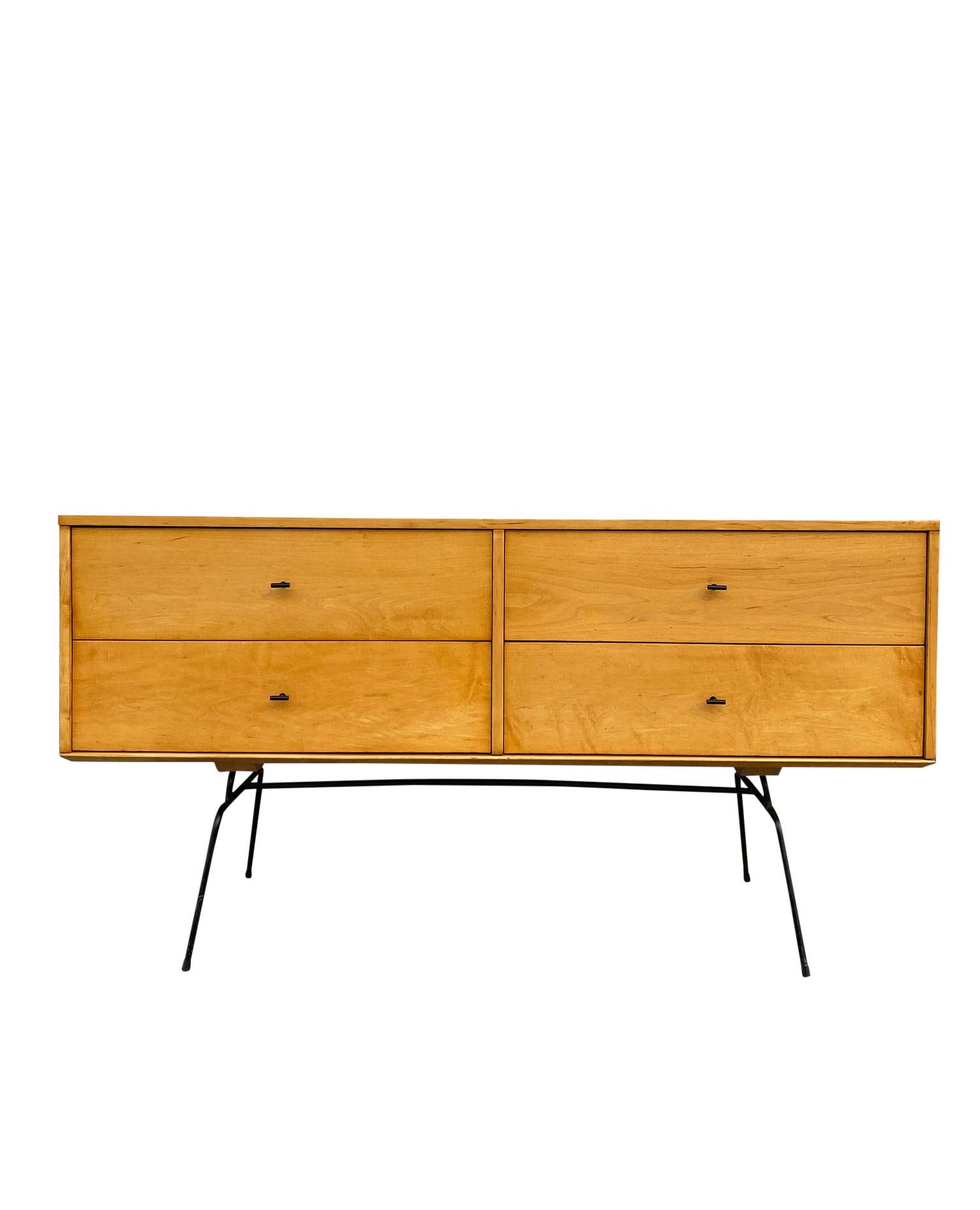 20th Century Midcentury 4 Drawer Low Dresser by Paul McCobb Planner Group #1504 on Iron Base