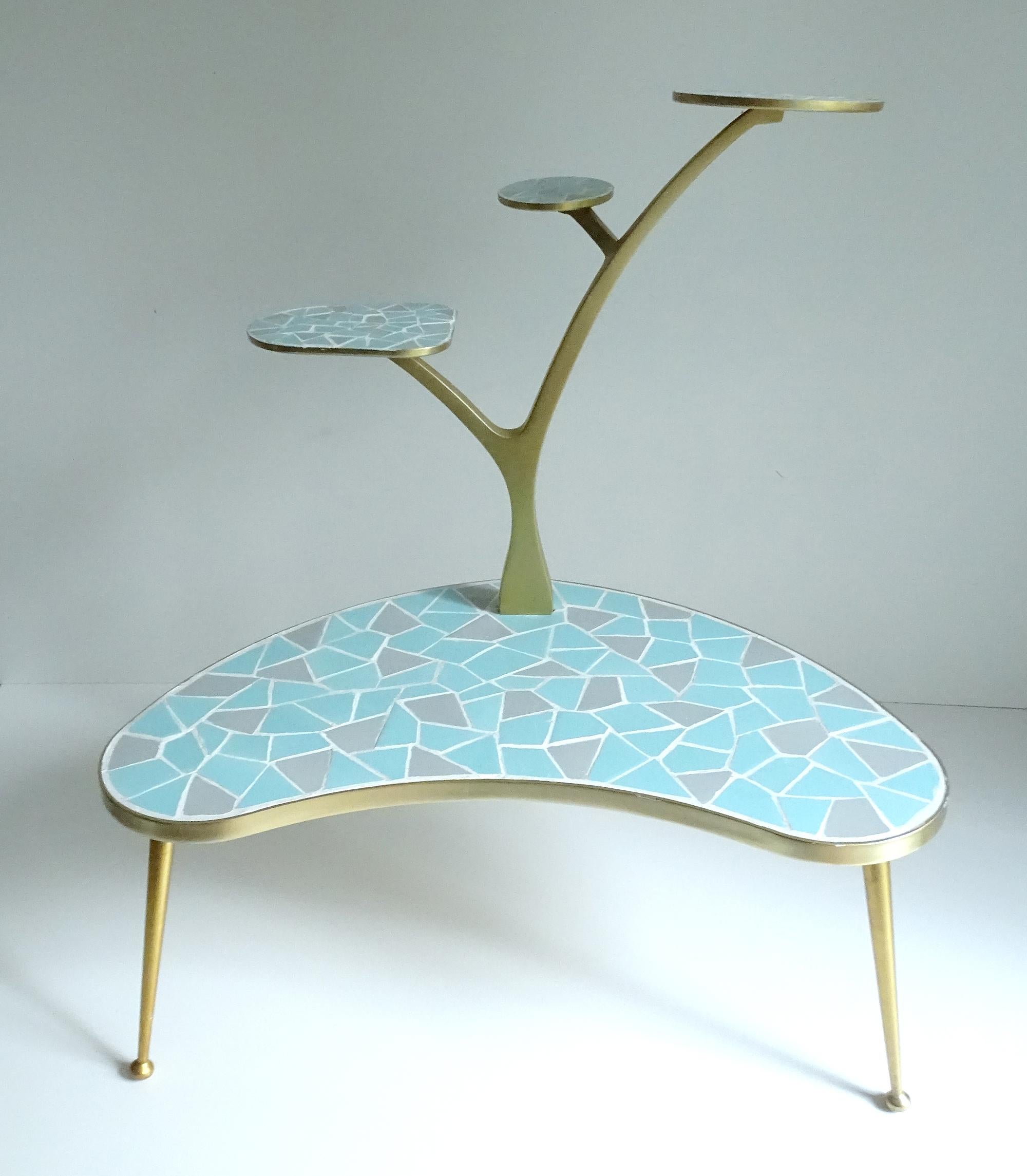  Large Mid-Century Modern side table, 1950s, tree like structure made out of solid cast gold anodized manganese-aluminum alloy with a large kidney shaped main plate and three smaller ones, the plates are adorned with Dual turquoise blue and grey