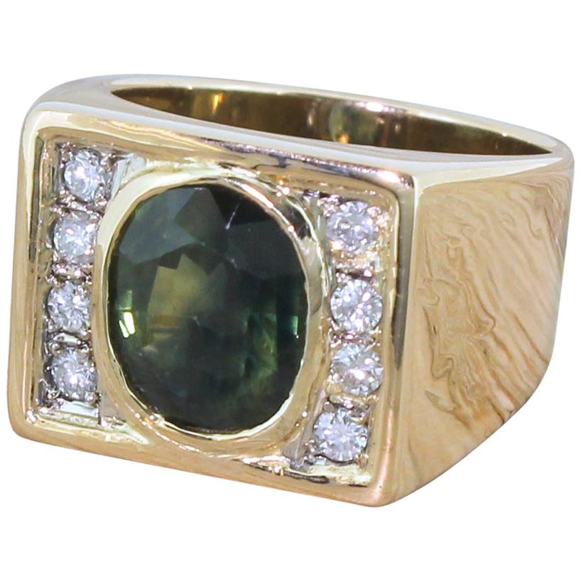 Midcentury 4.14 Carat Green Sapphire and Diamond Ring For Sale