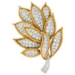Midcentury 4.25 Carat Diamond 18 Karat Gold Platinum Foliate Brooch, circa 1950