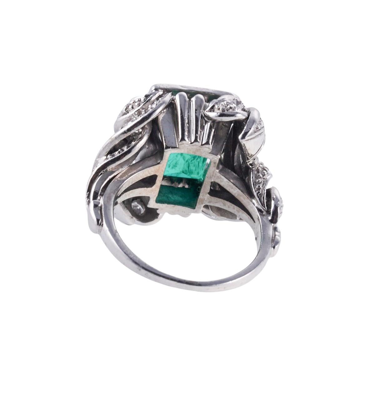 Emerald Cut Midcentury 4.77 Carat Emerald Diamond Gold Cocktail Ring For Sale