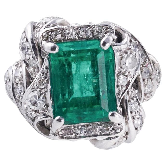 Midcentury 4.77 Carat Emerald Diamond Gold Cocktail Ring