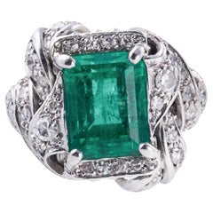 Vintage Midcentury 4.77 Carat Emerald Diamond Gold Cocktail Ring