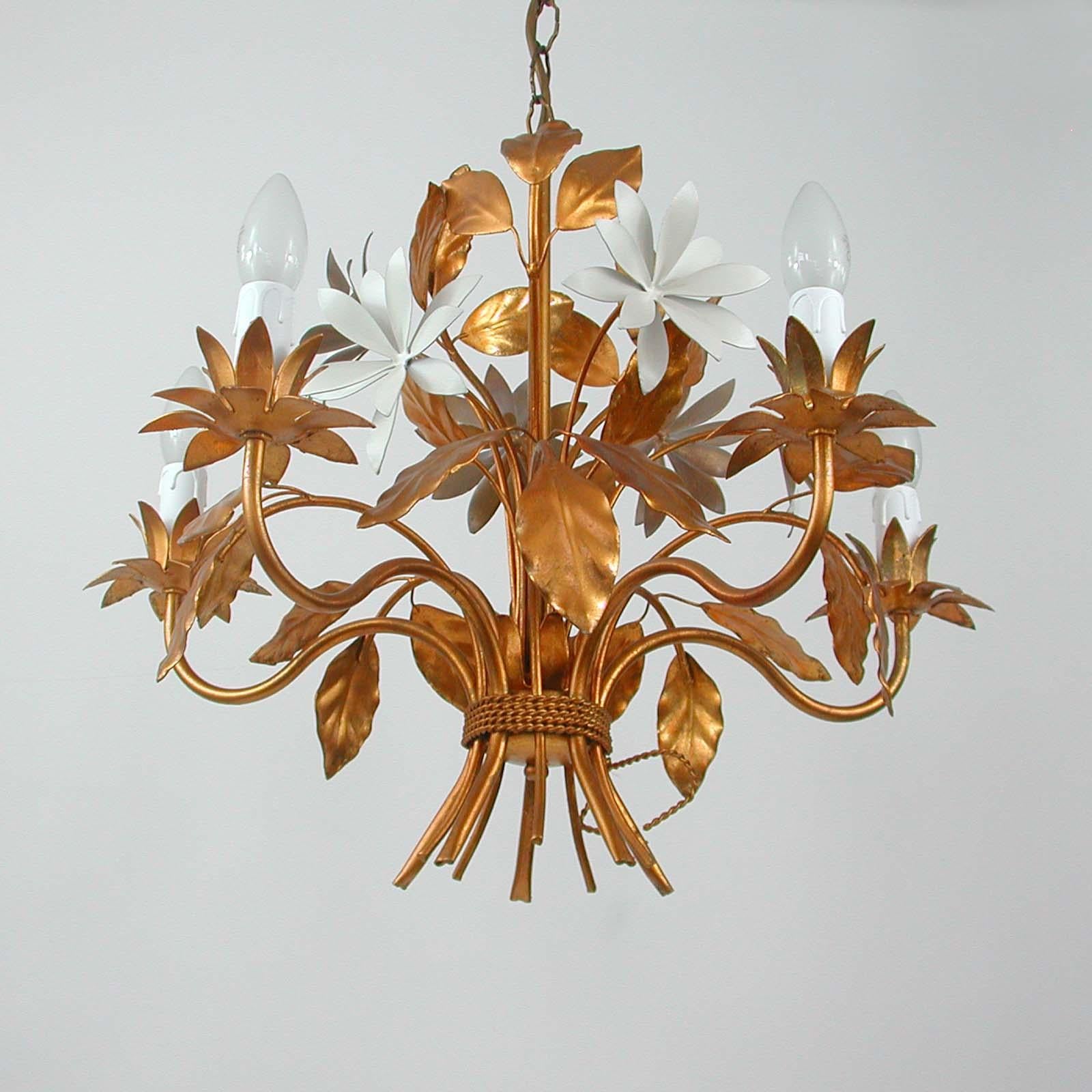 Late 20th Century Midcentury 5-Light Gilt Leaf & White Blossom Chandelier by Hans Kögl, 1970s For Sale