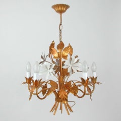 Midcentury 5-Light Gilt Leaf & White Blossom Chandelier, France 1960s