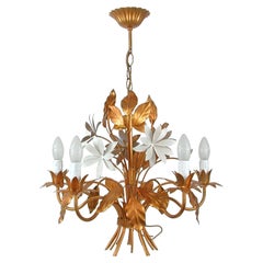 Midcentury 5-Light Gilt Leaf & White Blossom Chandelier, France 1960s