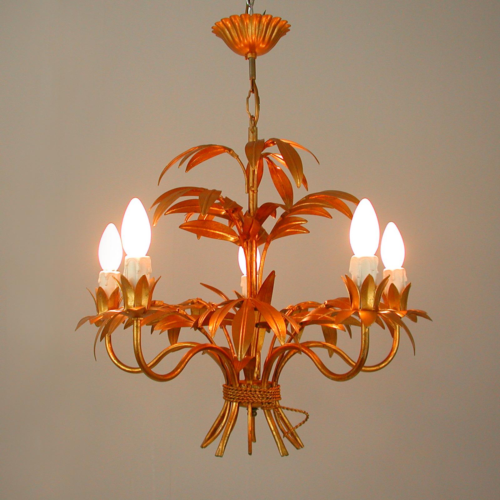 Hollywood Regency Midcentury 5-Light Gilt Palm Leaf Chandelier by Hans Kögl, 1970s