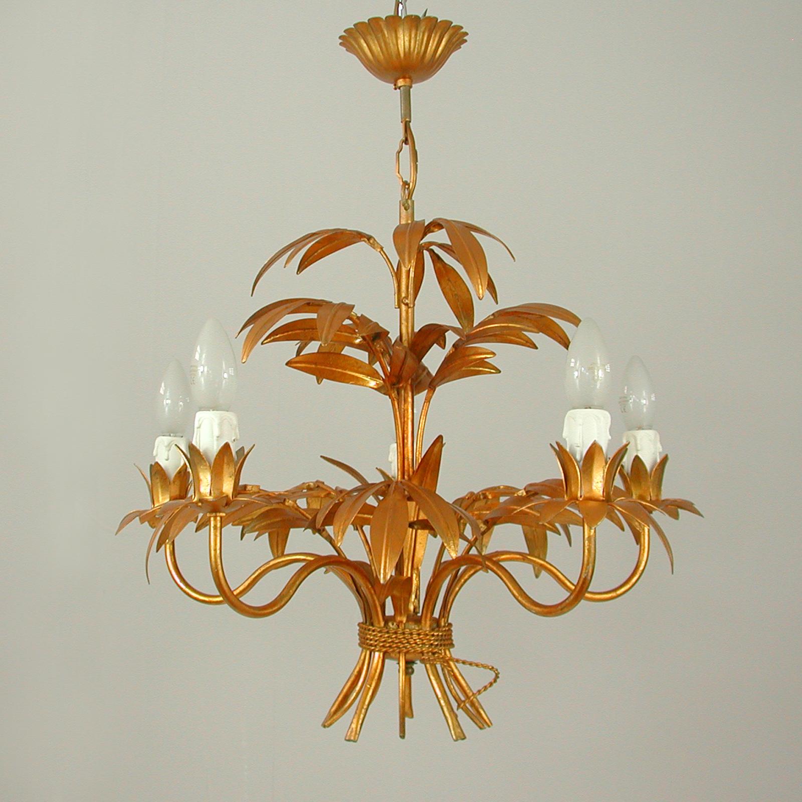 German Midcentury 5-Light Gilt Palm Leaf Chandelier by Hans Kögl, 1970s