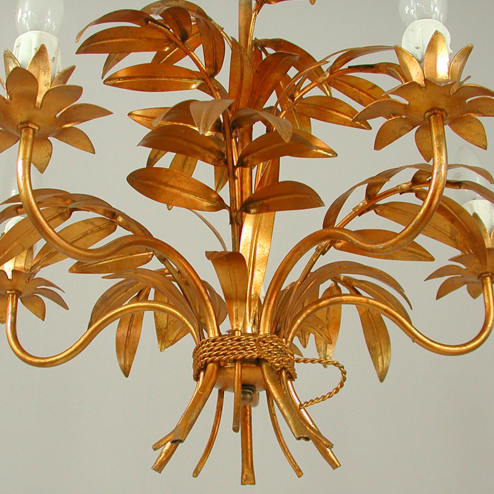 Late 20th Century Midcentury 5-Light Gilt Palm Leaf Chandelier by Hans Kögl, 1970s