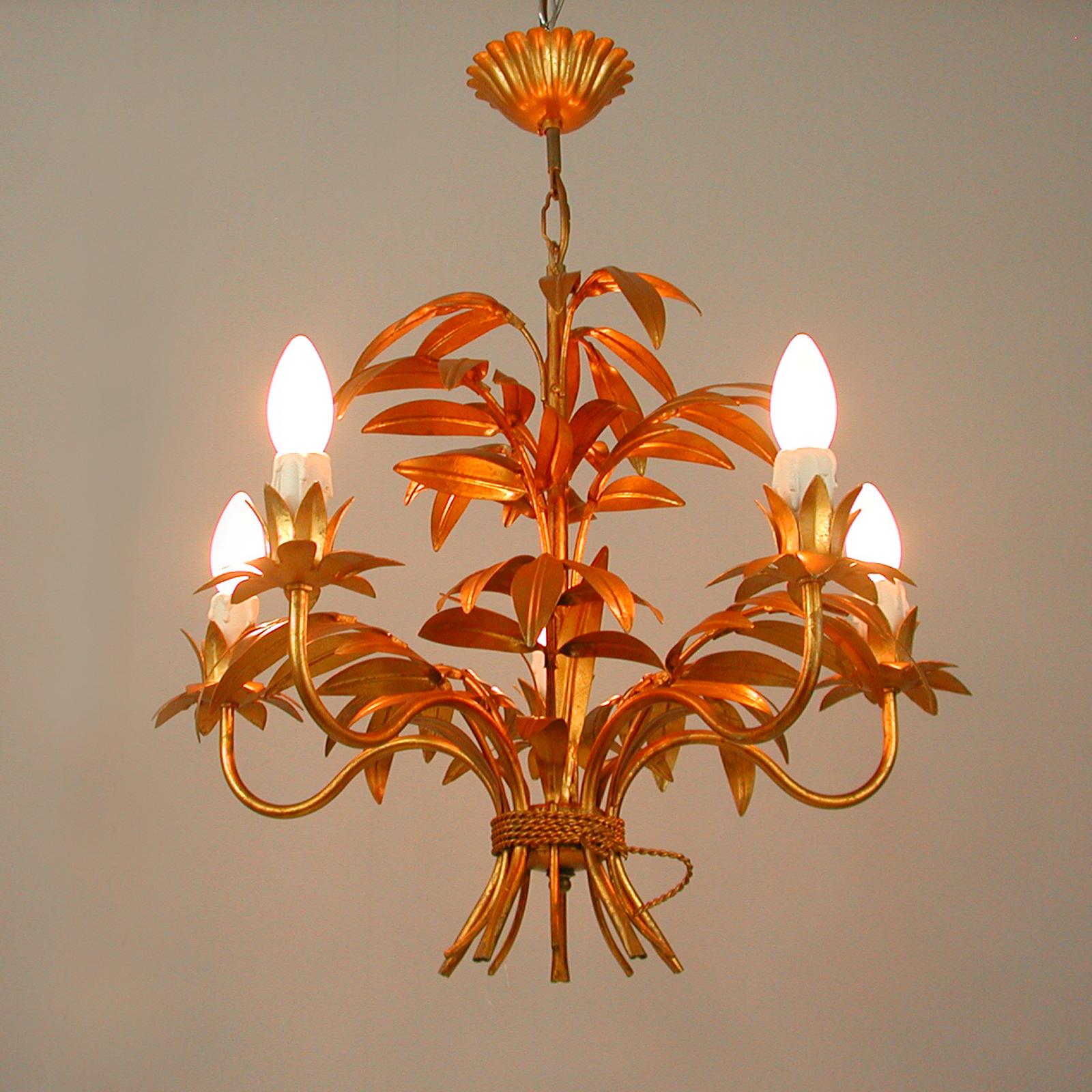 Midcentury 5-Light Gilt Palm Leaf Chandelier by Hans Kögl, 1970s 1