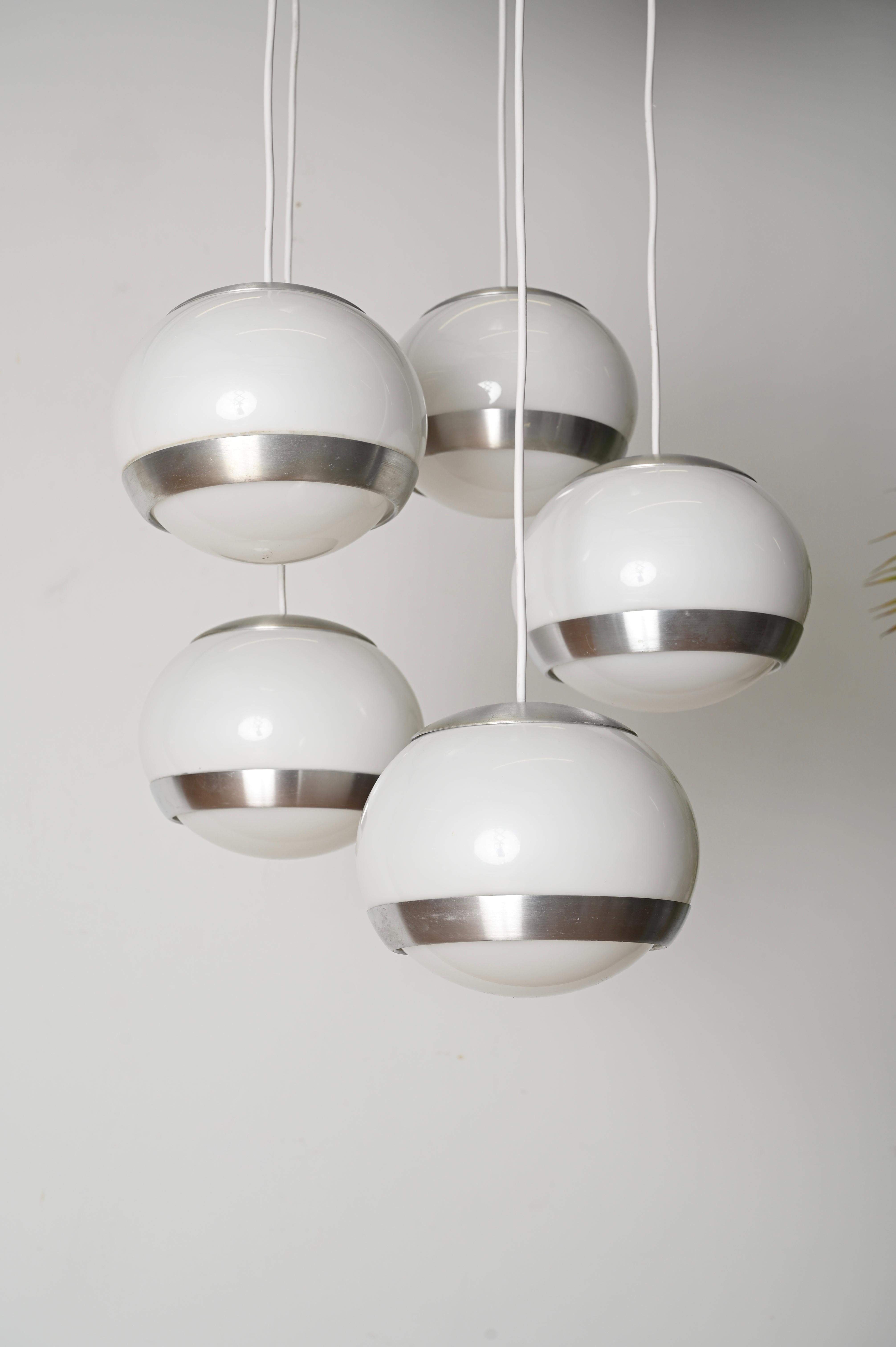 Midcentury 5 Sphere Pendant Chandelier by Stilux Milano, Italy 1960s For Sale 2