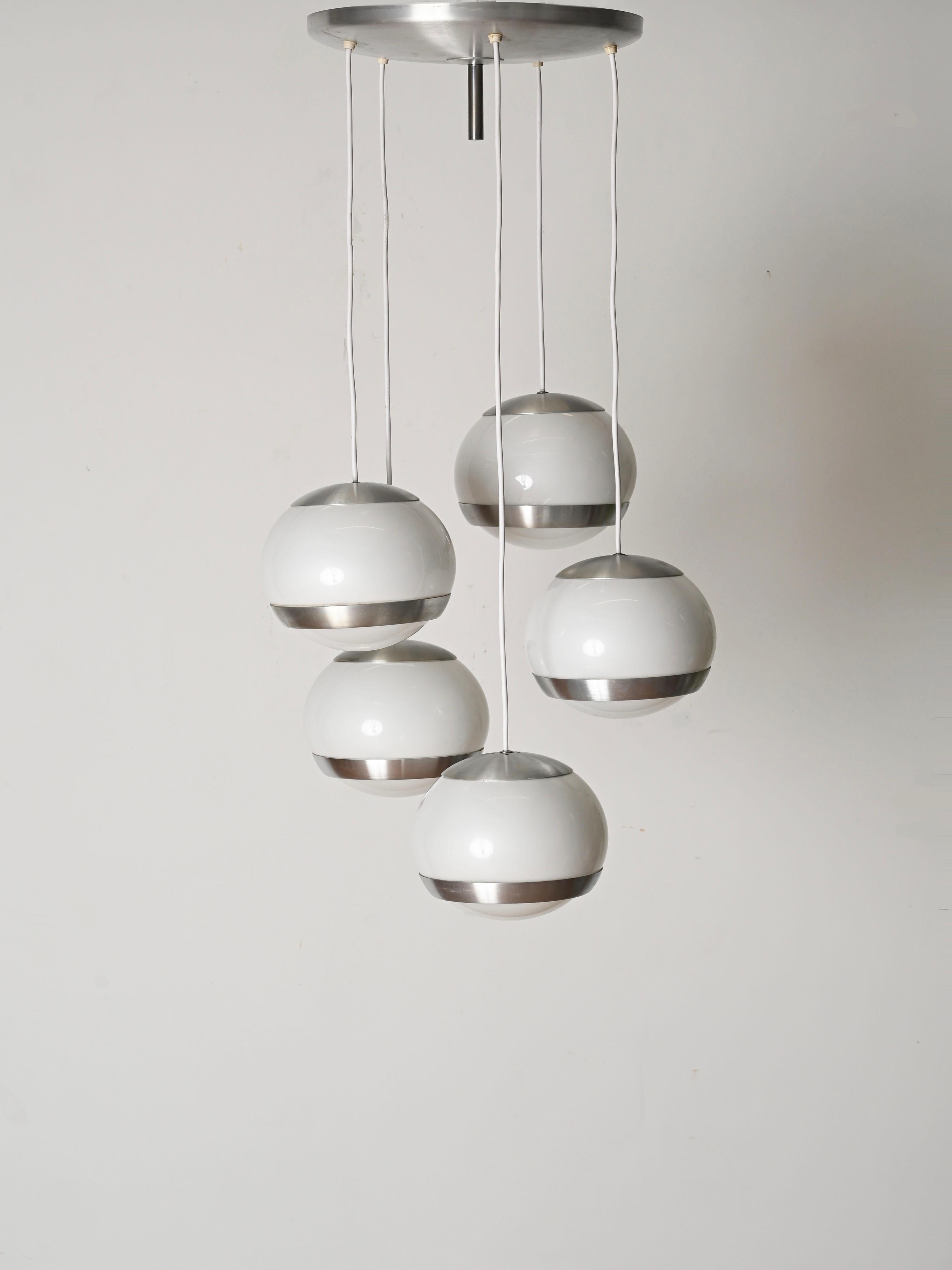 Italian Midcentury 5 Sphere Pendant Chandelier by Stilux Milano, Italy 1960s For Sale