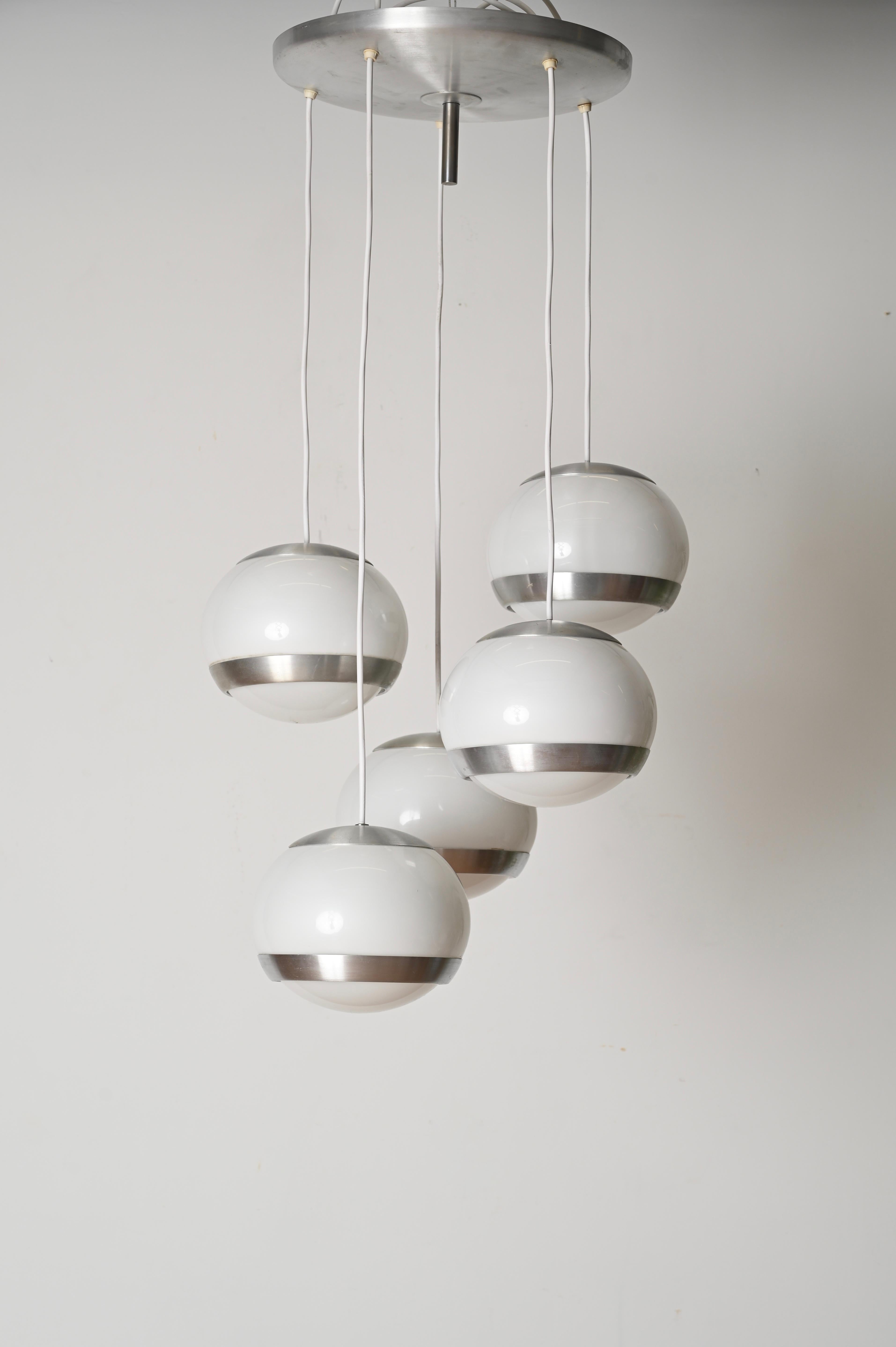 Brushed Midcentury 5 Sphere Pendant Chandelier by Stilux Milano, Italy 1960s For Sale