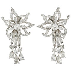 Midcentury 5.08 Carat Diamond Platinum Dynamic Flower Ear-Clip Earrings