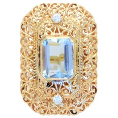 Midcentury 5.25 Carat Aquamarine and Diamond 14 Karat Gold Statement Ring