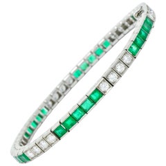 Midcentury 6.06 Carat Diamond Emerald Platinum Unisex Tennis Line Bracelet
