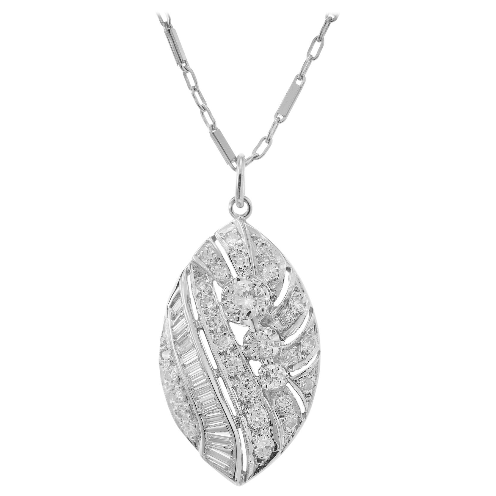 Midcentury .65 Carat Diamond White Gold Pendant Necklace For Sale