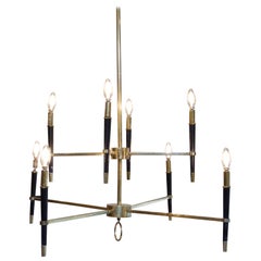 Midcentury 8-Arm Brass and Ebony Wood Chandelier