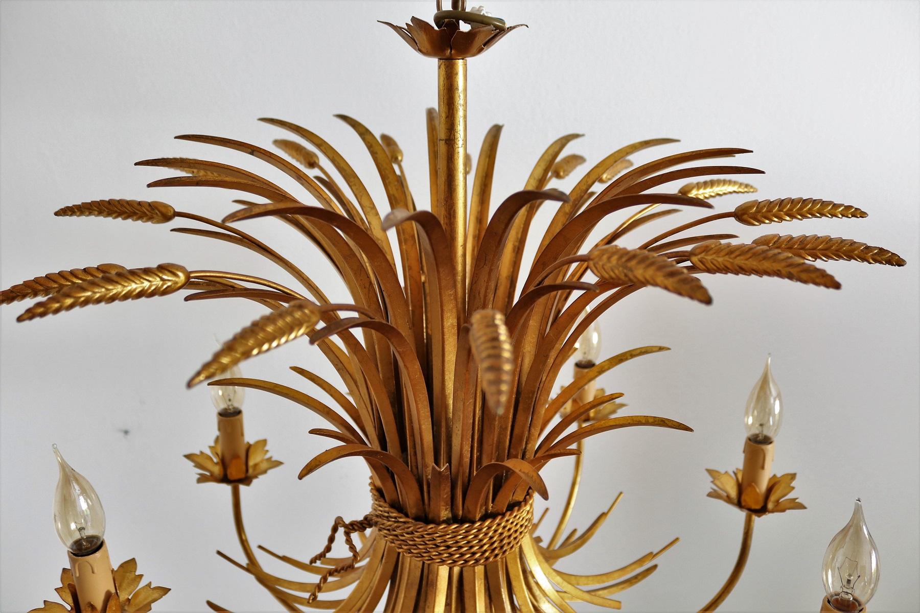 Italian Midcentury 8-Arm Gilt Chandelier with Wheat and Leaves, 1960s 4