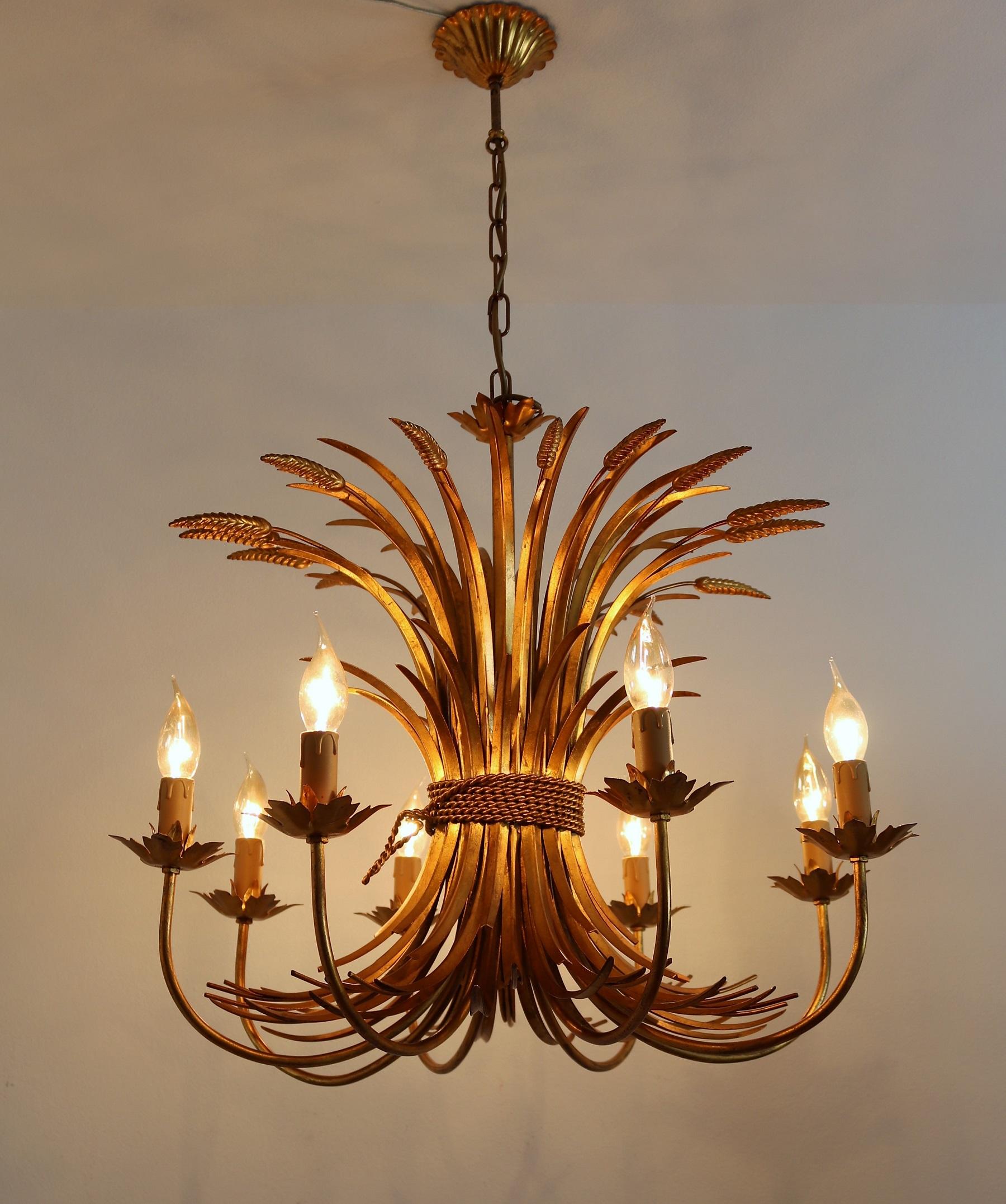 Italian Midcentury 8-Arm Gilt Chandelier with Wheat and Leaves, 1960s 5