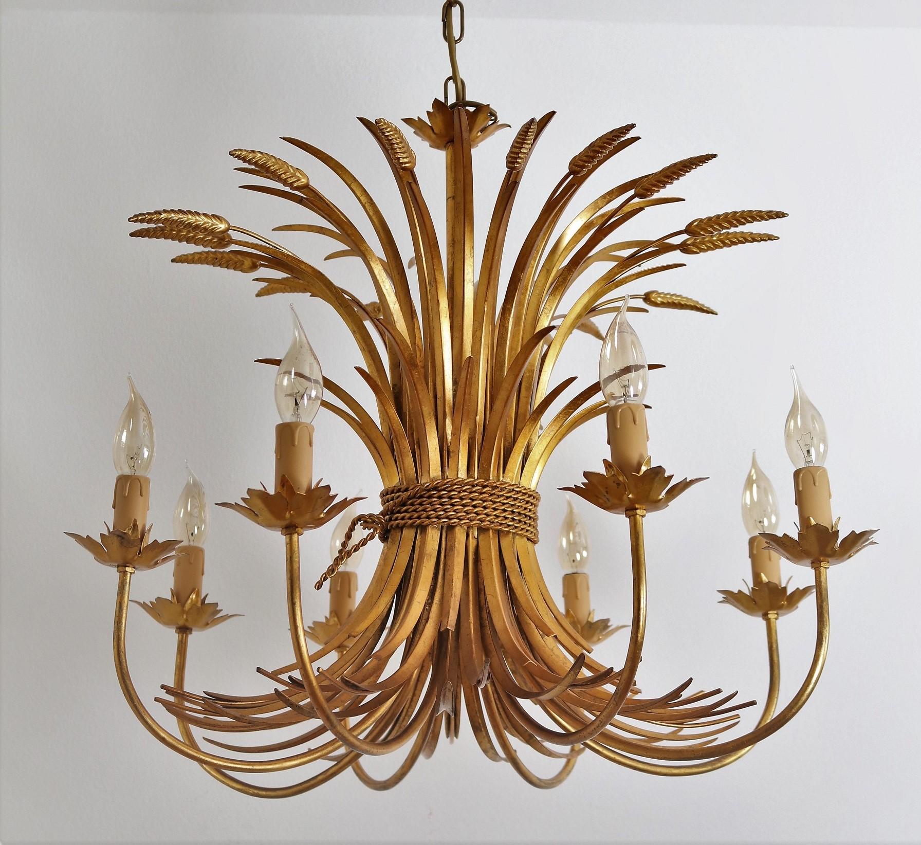 Italian Midcentury 8-Arm Gilt Chandelier with Wheat and Leaves, 1960s 7